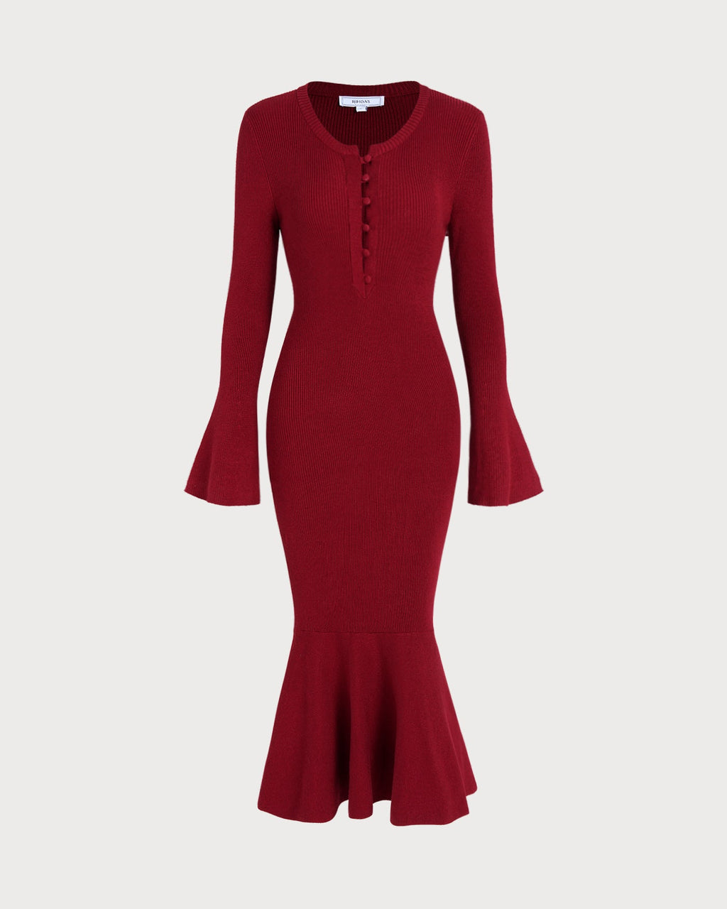 Ribbed Knit Midi Dress with Button Placket and Fluted Hem - Wine Red