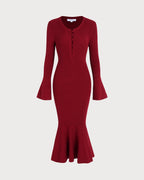 Ribbed Knit Midi Dress with Button Placket and Fluted Hem - Wine Red