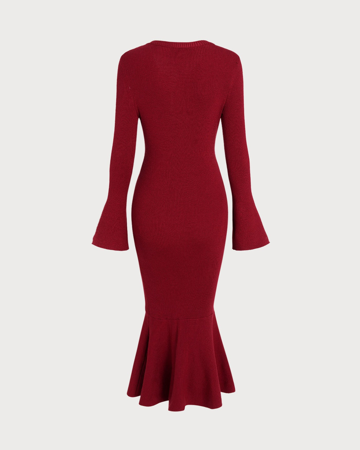 Ribbed Knit Midi Dress with Button Placket and Fluted Hem - Wine Red