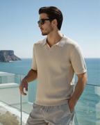 Ribbed Knit Polo Shirt with Button Placket, Short Sleeve