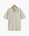 Ribbed Knit Polo Shirt with Button Placket, Short Sleeve - Beige