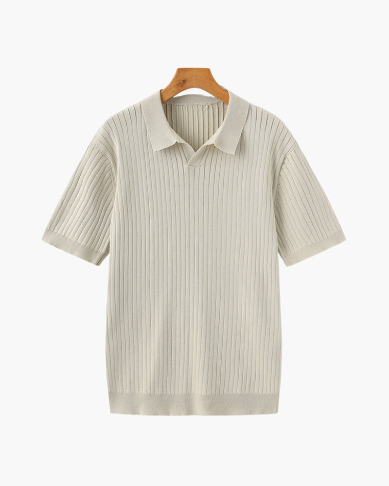 Ribbed Knit Polo Shirt with Button Placket, Short Sleeve - Beige