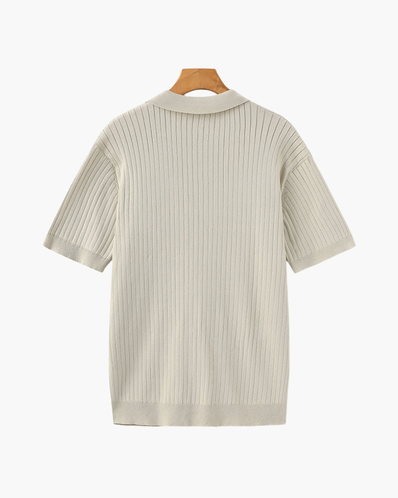 Ribbed Knit Polo Shirt with Button Placket, Short Sleeve