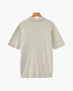 Ribbed Knit Polo Shirt with Button Placket, Short Sleeve