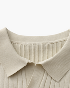 Ribbed Knit Polo Shirt with Button Placket, Short Sleeve
