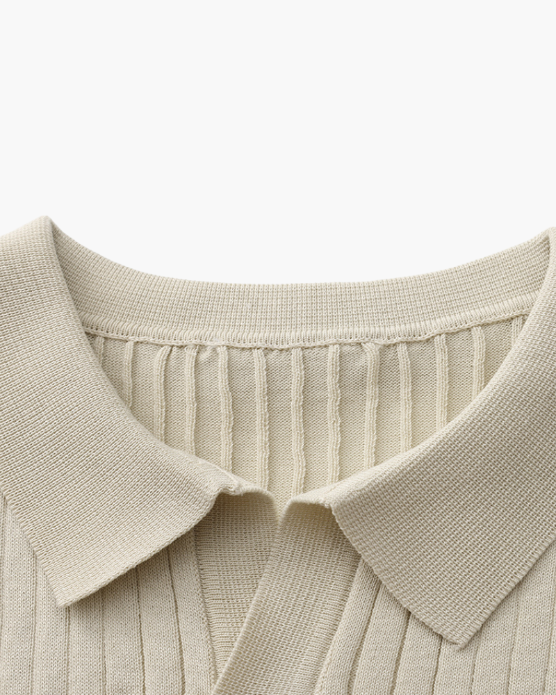Ribbed Knit Polo Shirt with Button Placket, Short Sleeve