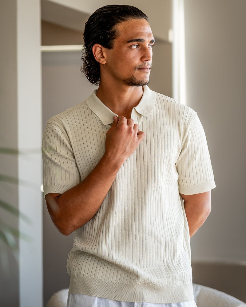 Ribbed Knit Polo Shirt with Button Placket, Short Sleeve