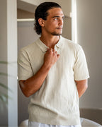 Ribbed Knit Polo Shirt with Button Placket, Short Sleeve