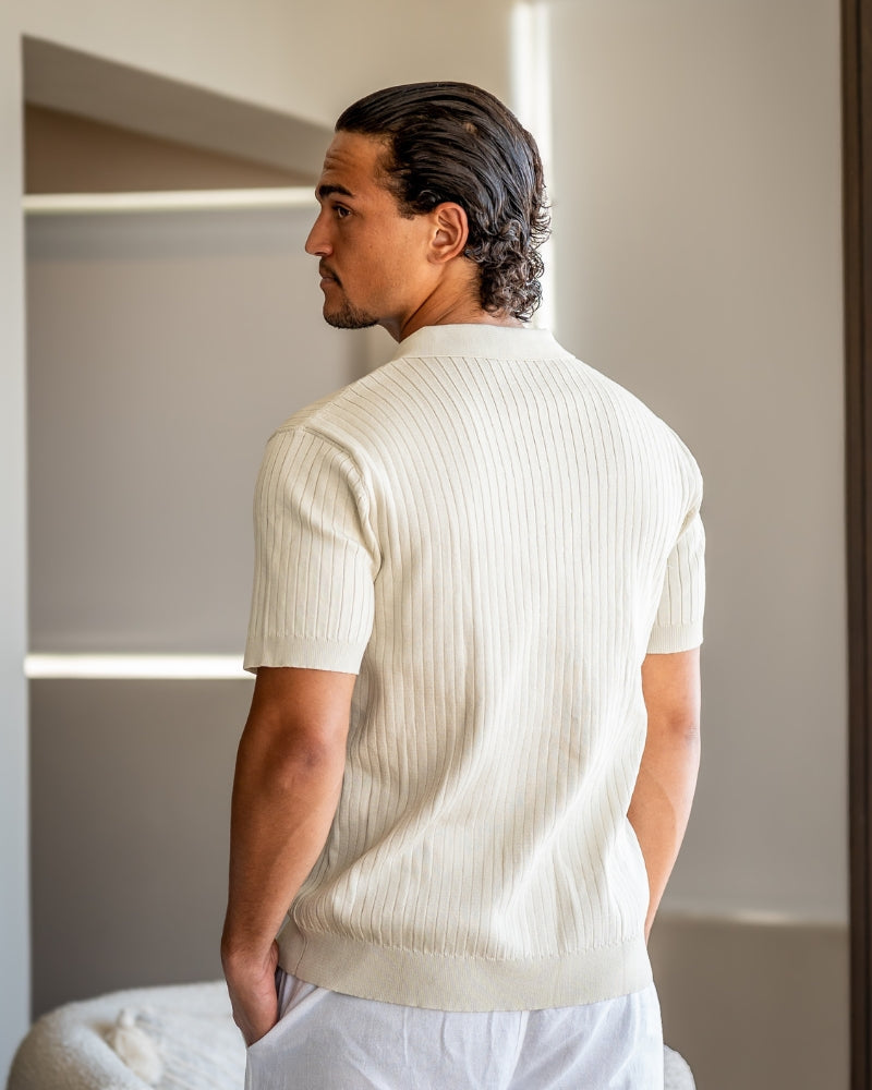 Ribbed Knit Polo Shirt with Button Placket, Short Sleeve
