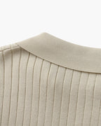 Ribbed Knit Polo Shirt with Button Placket, Short Sleeve