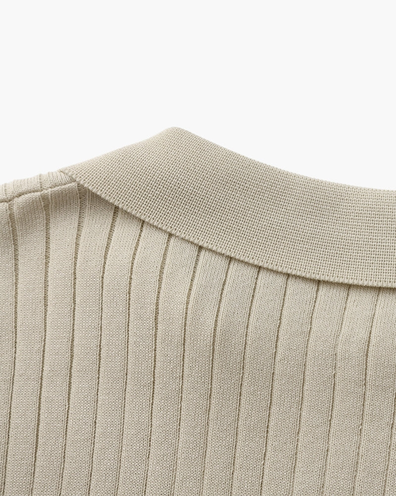 Ribbed Knit Polo Shirt with Button Placket, Short Sleeve