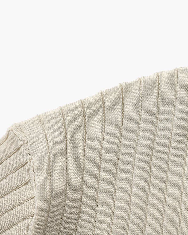 Ribbed Knit Polo Shirt with Button Placket, Short Sleeve