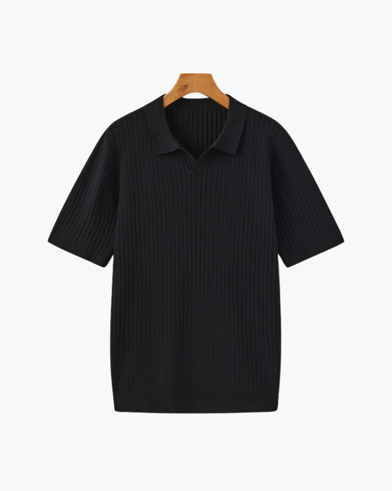 Ribbed Knit Polo Shirt with Button Placket, Short Sleeve - Black