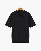 Ribbed Knit Polo Shirt with Button Placket, Short Sleeve - Black