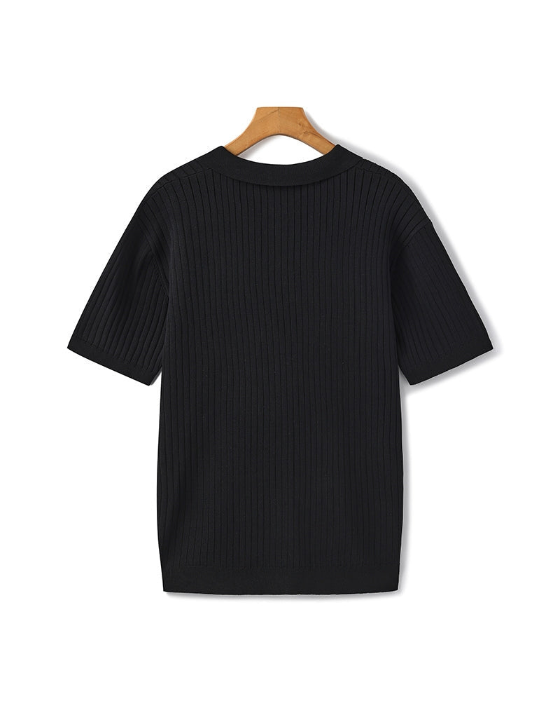 Ribbed Knit Polo Shirt with Button Placket, Short Sleeve