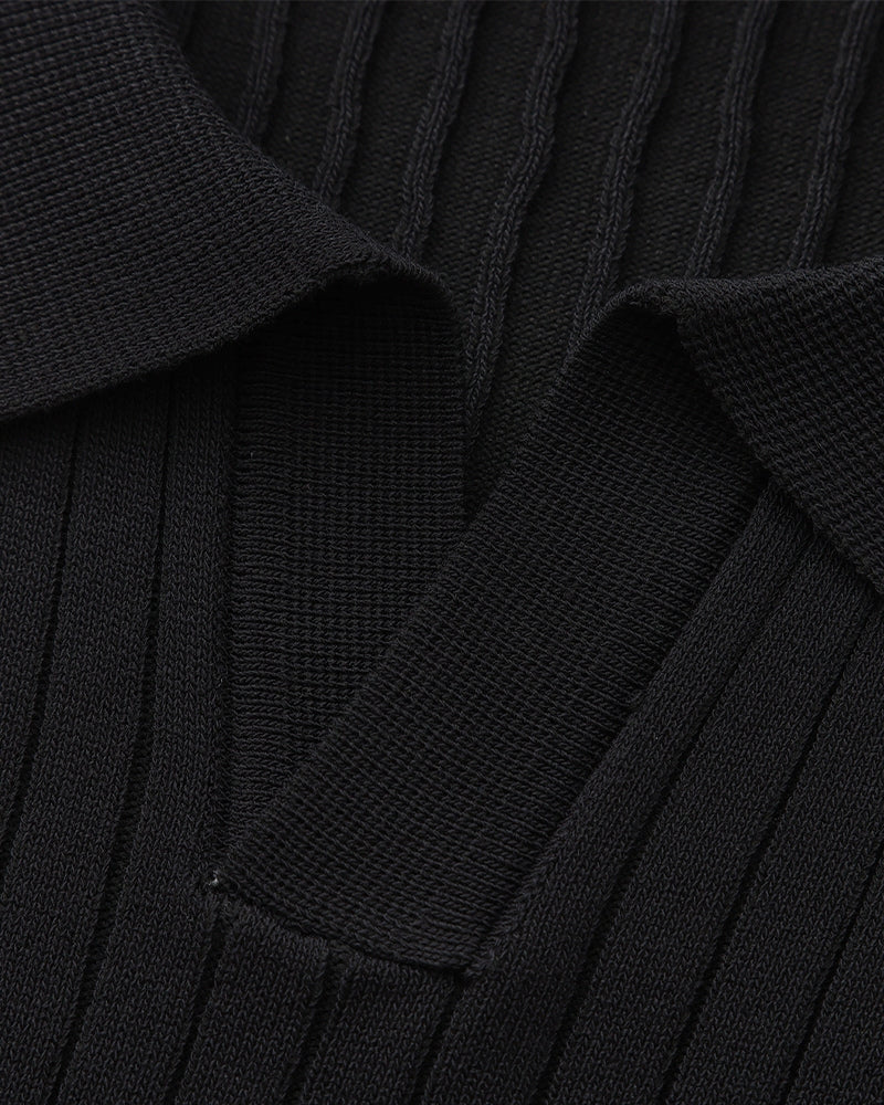 Ribbed Knit Polo Shirt with Button Placket, Short Sleeve