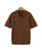 Ribbed Knit Polo Shirt with Button Placket, Short Sleeve - Brown