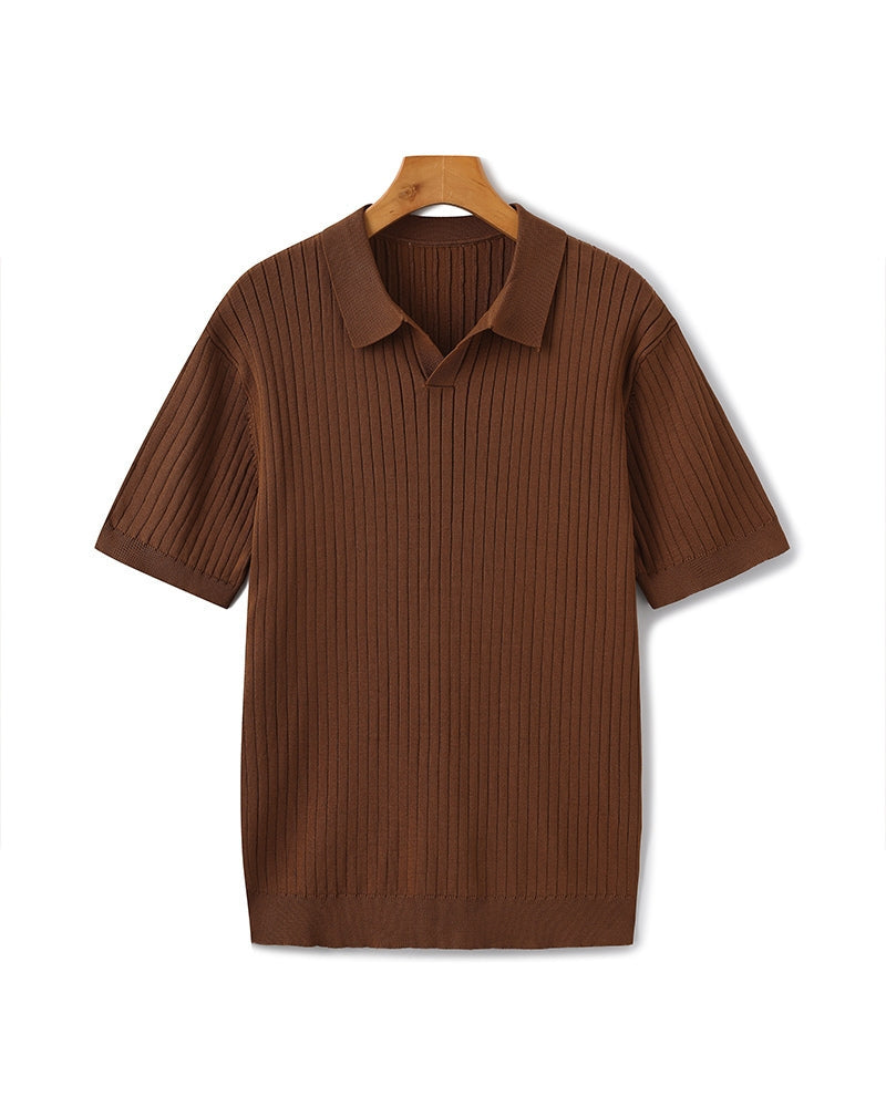 Ribbed Knit Polo Shirt with Button Placket, Short Sleeve - Brown