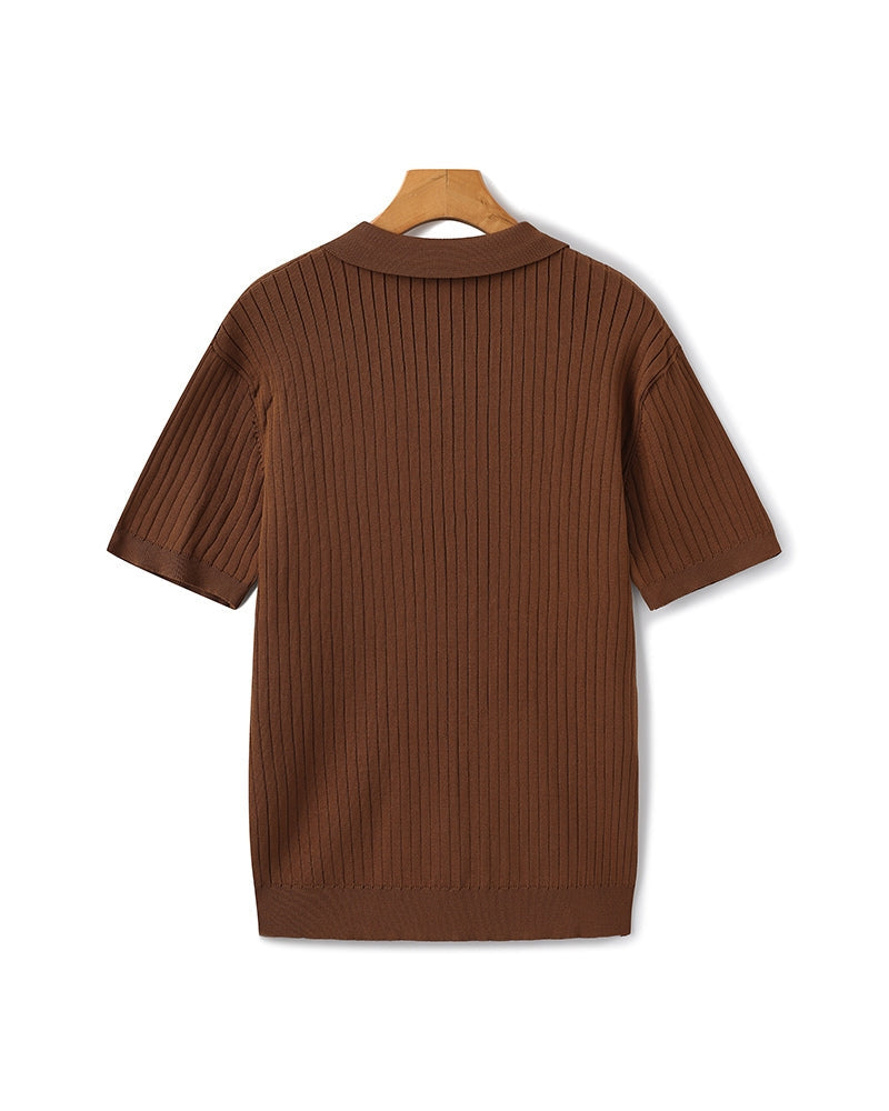 Ribbed Knit Polo Shirt with Button Placket, Short Sleeve