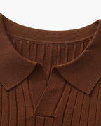 Ribbed Knit Polo Shirt with Button Placket, Short Sleeve