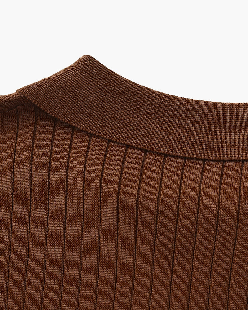 Ribbed Knit Polo Shirt with Button Placket, Short Sleeve