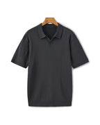 Ribbed Knit Polo Shirt with Button Placket, Short Sleeve - Grey