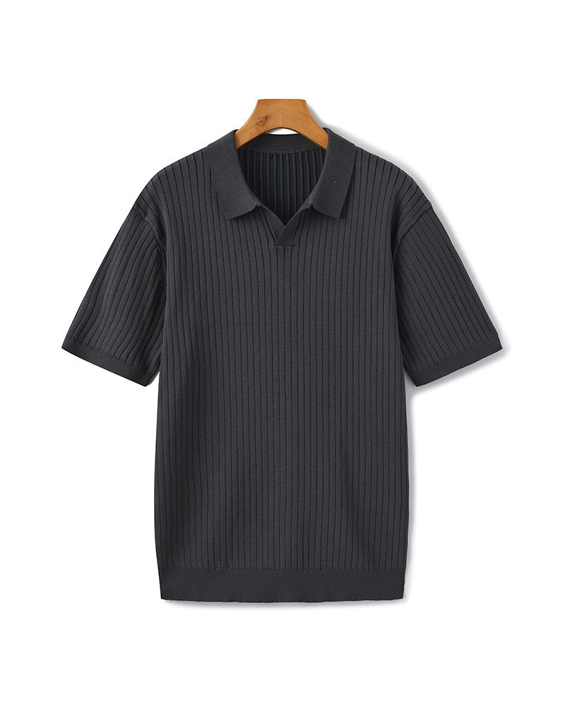 Ribbed Knit Polo Shirt with Button Placket, Short Sleeve - Grey