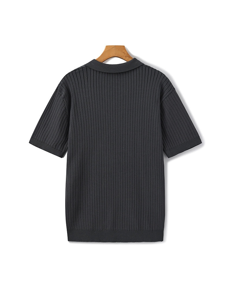 Ribbed Knit Polo Shirt with Button Placket, Short Sleeve