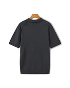 Ribbed Knit Polo Shirt with Button Placket, Short Sleeve