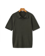 Ribbed Knit Polo Shirt with Button Placket, Short Sleeve - Green