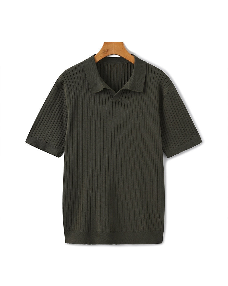 Ribbed Knit Polo Shirt with Button Placket, Short Sleeve - Green