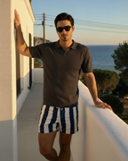 Ribbed Knit Polo Shirt with Button Placket, Short Sleeve