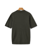 Ribbed Knit Polo Shirt with Button Placket, Short Sleeve