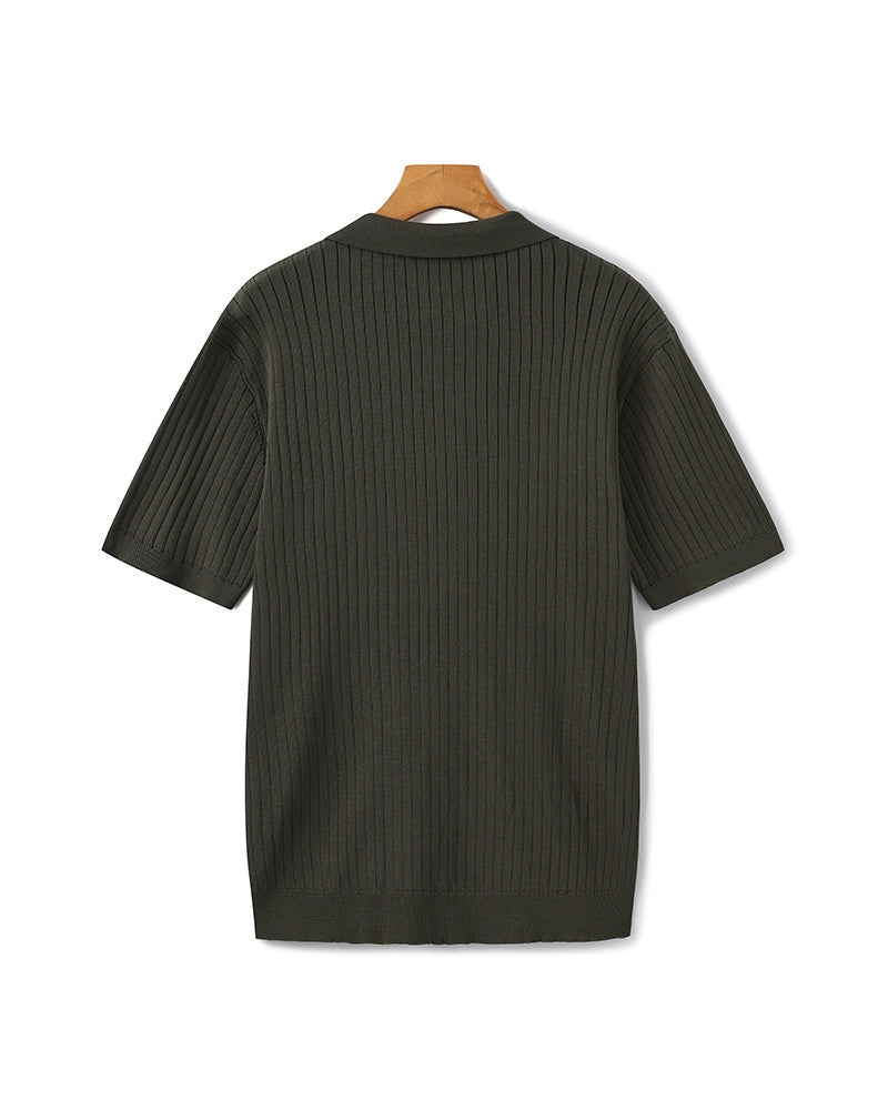 Ribbed Knit Polo Shirt with Button Placket, Short Sleeve