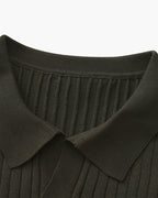 Ribbed Knit Polo Shirt with Button Placket, Short Sleeve