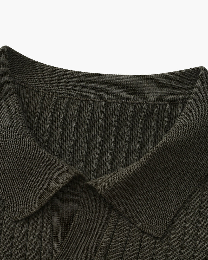Ribbed Knit Polo Shirt with Button Placket, Short Sleeve