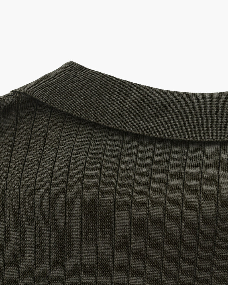 Ribbed Knit Polo Shirt with Button Placket, Short Sleeve