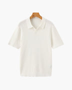 Ribbed Knit Polo Shirt with Button Placket, Short Sleeve - Ivory