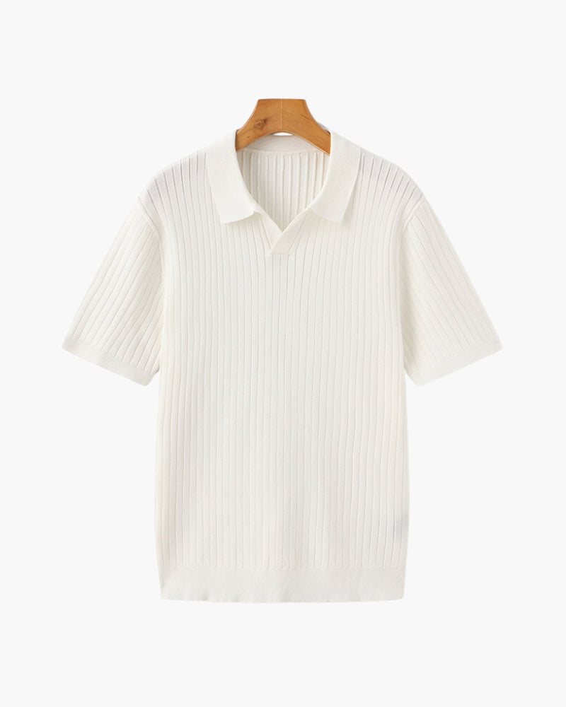 Ribbed Knit Polo Shirt with Button Placket, Short Sleeve - Ivory