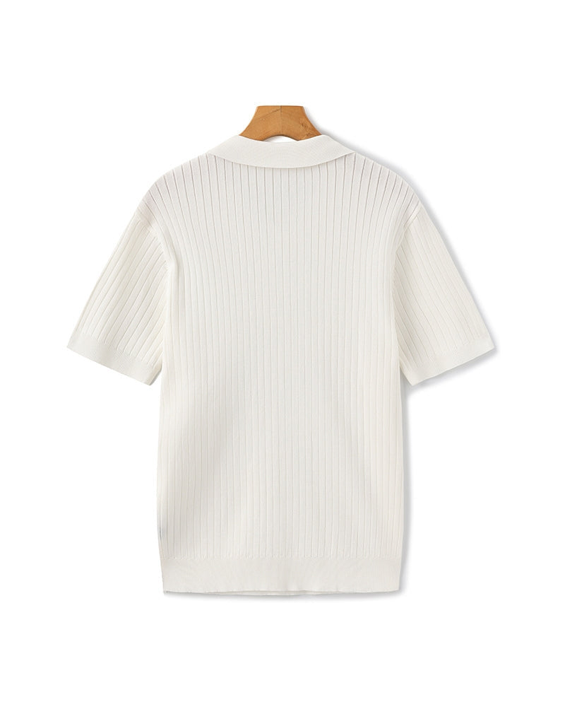 Ribbed Knit Polo Shirt with Button Placket, Short Sleeve