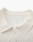 Ribbed Knit Polo Shirt with Button Placket, Short Sleeve