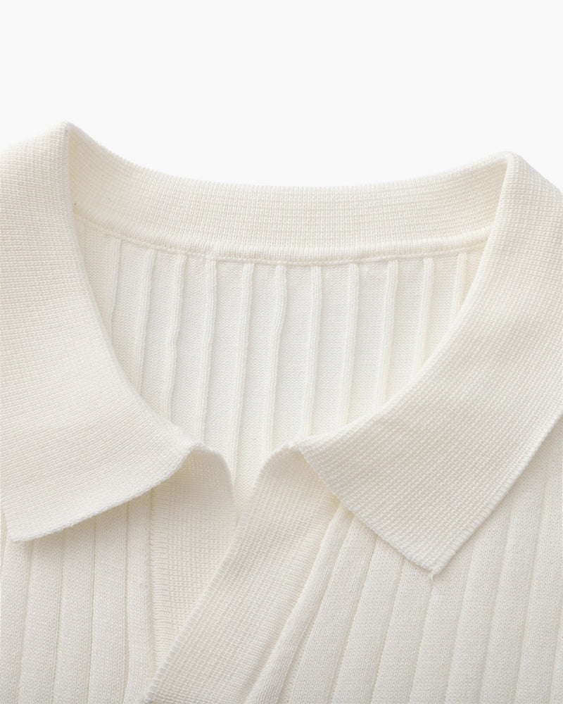 Ribbed Knit Polo Shirt with Button Placket, Short Sleeve