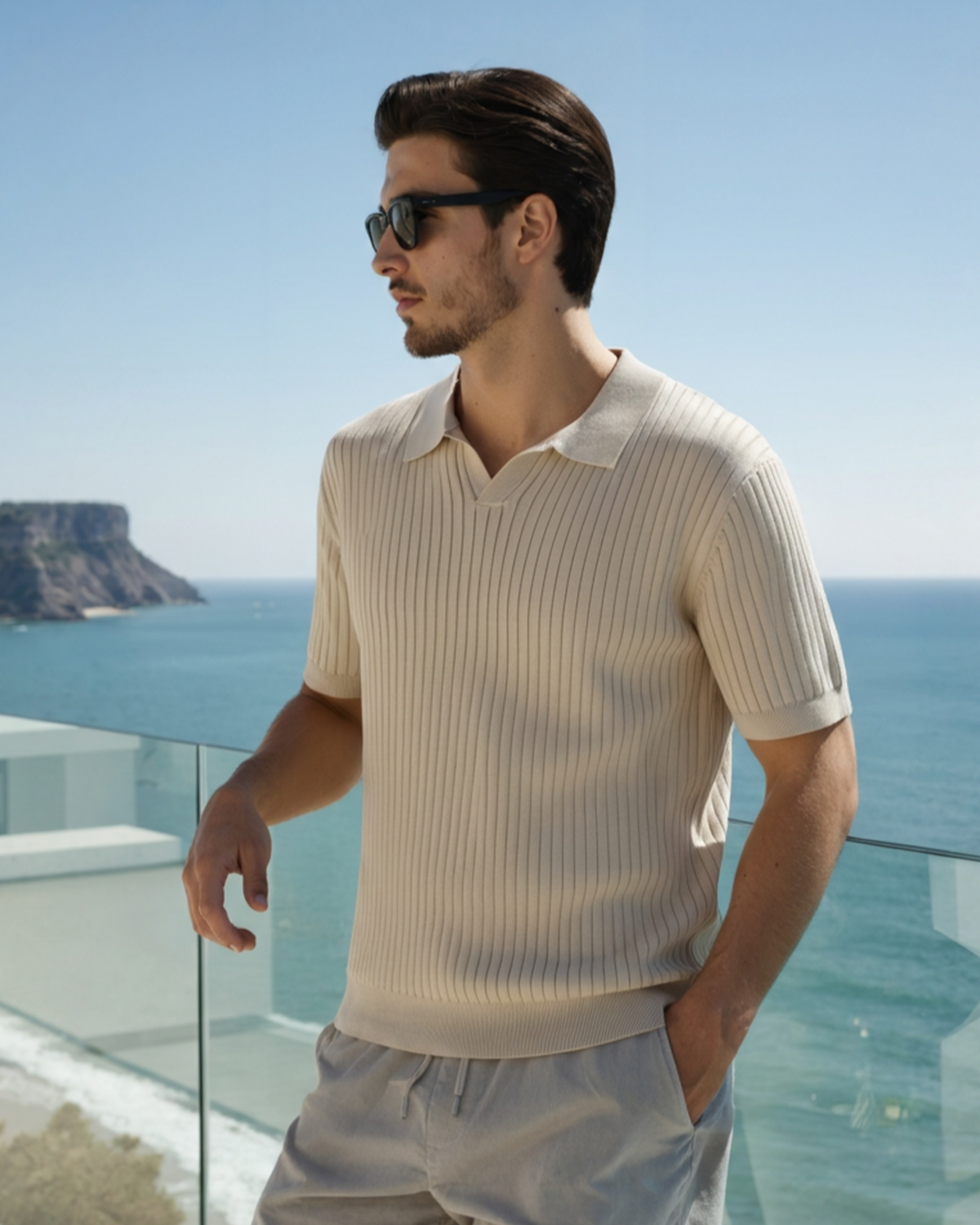 Ribbed Knit Polo Shirt with Button Placket, Short Sleeve