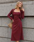 Ribbed Knit Slip Dress with Square Neck and Fine Straps - Wine Red