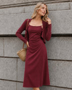 Ribbed Knit Slip Dress with Square Neck and Fine Straps - Wine Red