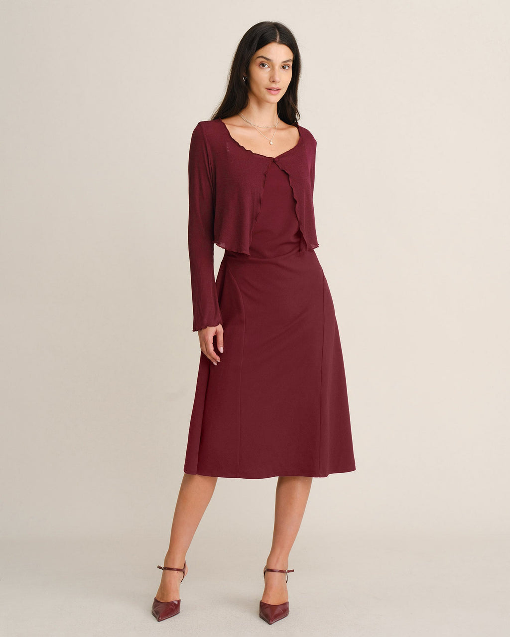 Ribbed Knit Slip Dress with Square Neck and Fine Straps - Wine Red