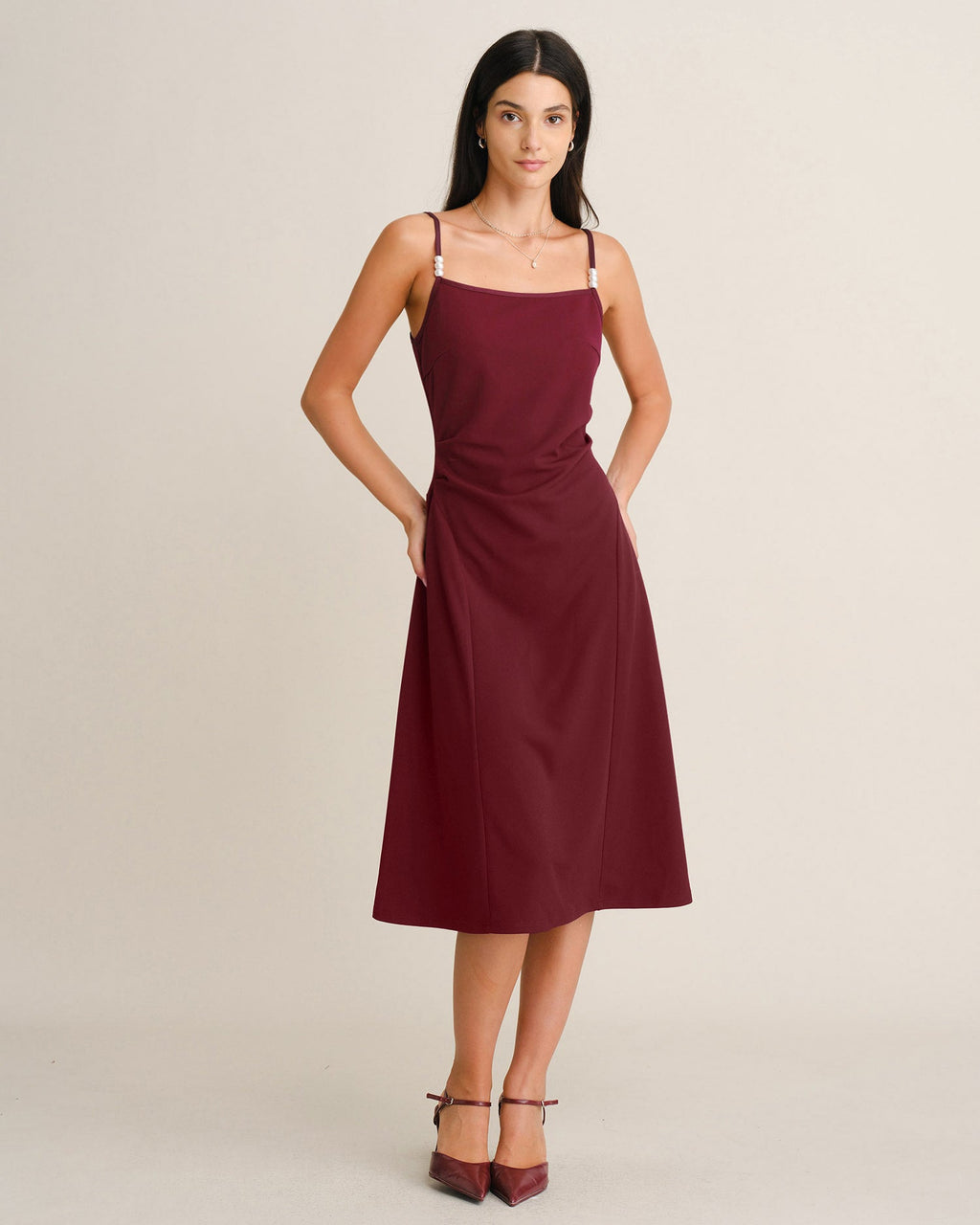 Ribbed Knit Slip Dress with Square Neck and Fine Straps - Wine Red