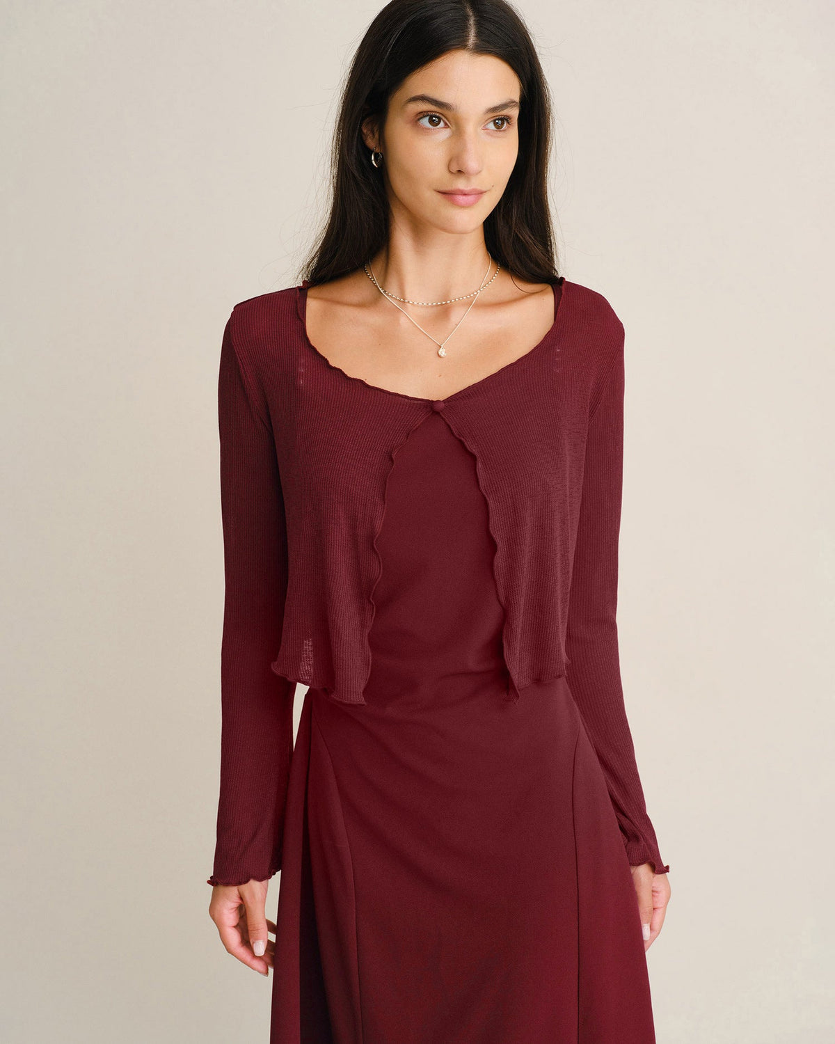 Ribbed Knit Slip Dress with Square Neck and Fine Straps - Wine Red