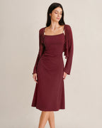 Ribbed Knit Slip Dress with Square Neck and Fine Straps - Wine Red
