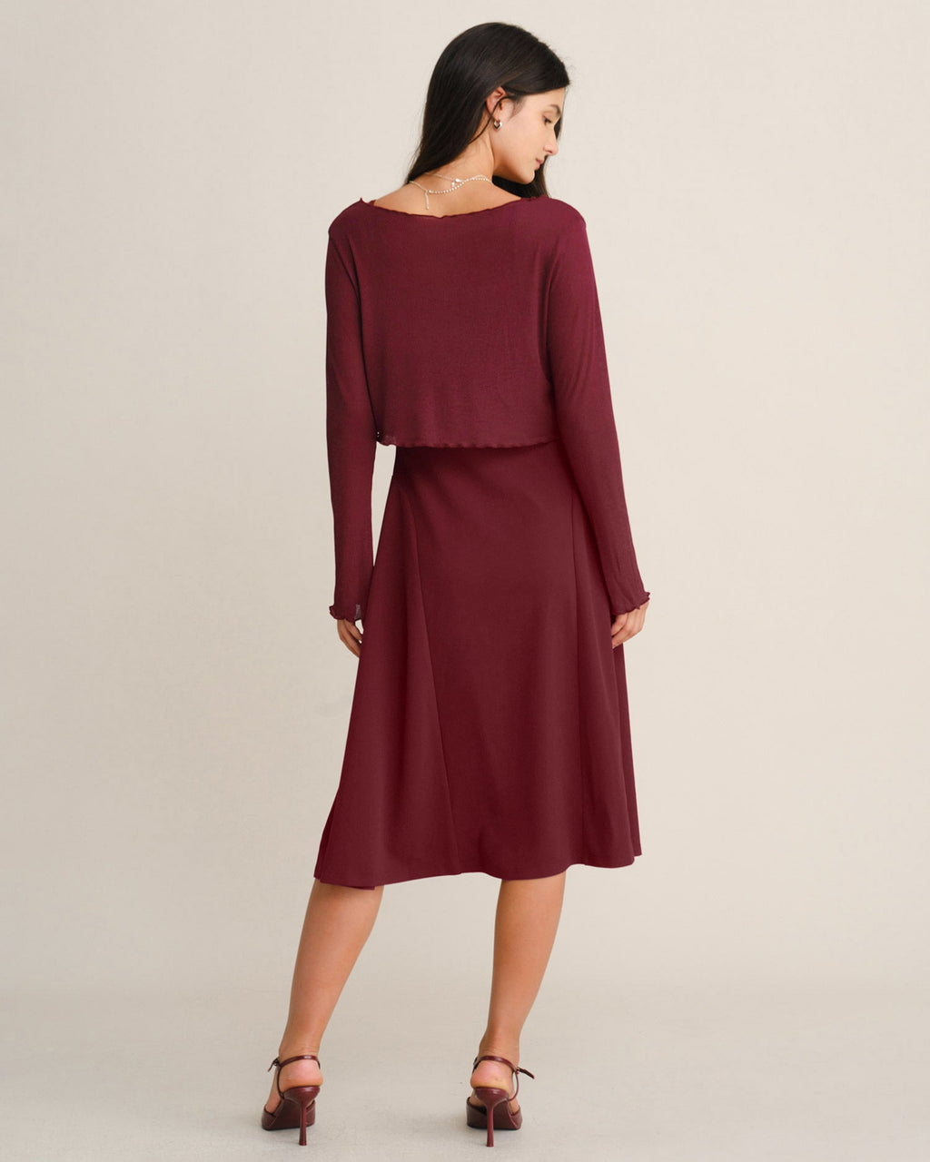 Ribbed Knit Slip Dress with Square Neck and Fine Straps - Wine Red